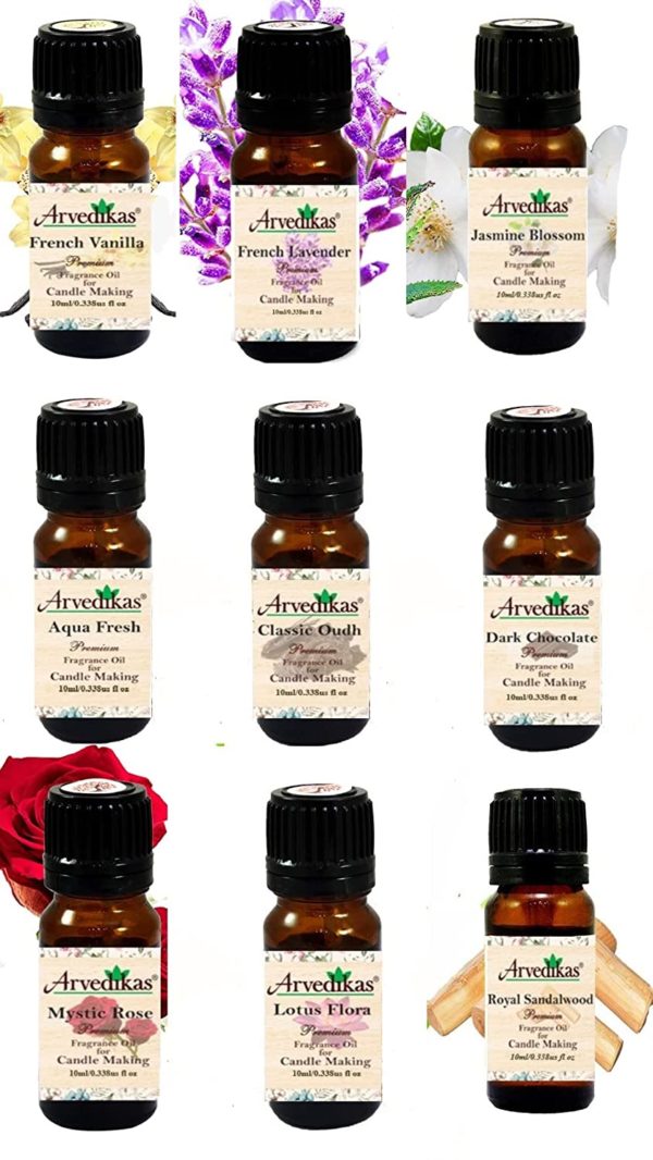 Pack Of 9 Arvedikas Premium Fragrance Oil For Candle Making | Soy Candle Fragrance Oil -10Ml Each (French Vanilla | French Lavender | Jasmine Blossom & More.)