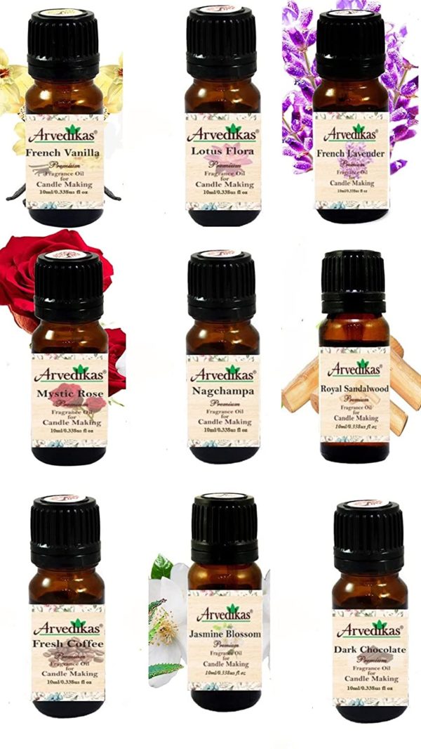 Pack Of 9 Arvedikas Premium Fragrance Oil For Candle Making | Soy Candle Fragrance Oil -10Ml Each (French Vanilla | Lotus Flora | French Lavender & More.)