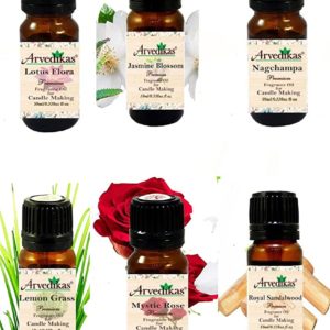 Pack Of 6 Arvedikas Premium Fragrance Oil For Candle Making | Soy Candle Fragrance Oil -10Ml Each (Lotus Flora | Jasmine Blossom | Nagchampa | Lemongrass | Mystic Rose | Royal Sandalwood)