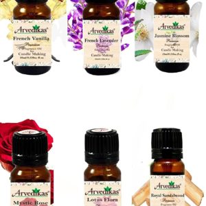 Combo Pack Of 6 Arvedikas Premium Fragrance Oil For Candle Making | Soy Candle Fragrance Oil -10Ml Each (French Vanilla | French Lavender | Jasmine Blossom | Mystic Rose | Lotus Flora | Royal Sandalwood)