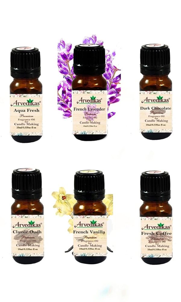 Combo Pack Of 6 Arvedikas Premium Fragrance Oil For Candle Making | Soy Candle Fragrance Oil -10Ml Each (Aqua Fresh | French Lavender | Dark Chocolate | Classic Oudh | French Vanilla | Fresh Coffee)