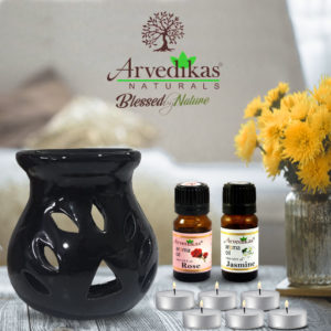 Aroma Diffuser Combo Set With 2 Scented Fragrance Oil & 6 Tealight Candles (Rose | Jasmine)
