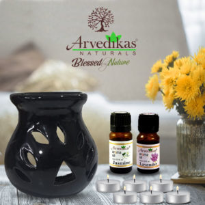 Aroma Diffuser Combo Set With 2 Scented Fragrance Oil & 6 Tealight Candles (Jasmine | Lavender)