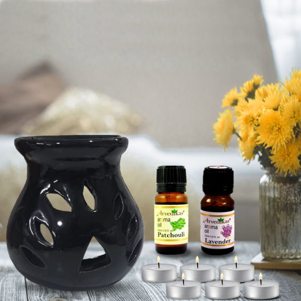 Aroma Diffuser Combo Set With 2 Scented Fragrance Oil & 6 Tealight Candles (Patchouli | Lavender)