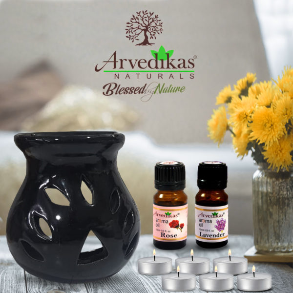 Aroma Diffuser Combo Set With 2 Scented Fragrance Oil & 6 Tealight Candles (Rose | Lavender)