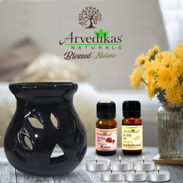 Aroma Diffuser Combo Set With 2 Scented Fragrance Oil & 6 Tealight Candles ( Rose | Sandalwood)