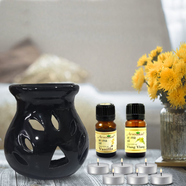 Aroma Diffuser Combo Set With 2 Scented Fragrance Oil & 6 Tealight Candles (Vanilla | Ylang Ylang)