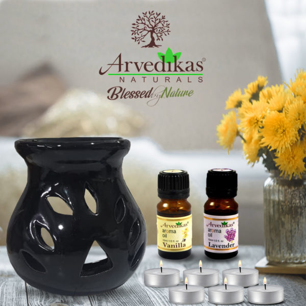 Aroma Diffuser Combo Set With 2 Scented Fragrance Oil & 6 Tealight Candles (Vanilla | Lavender)